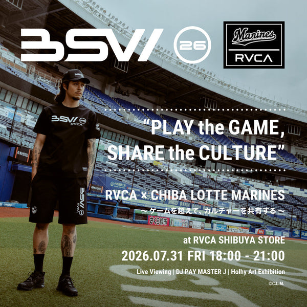 7月31日(金)にRVCA渋谷店で、千葉ロッテマリーンズ「BLACK SUMMER WEEK」との初コラボレーションを記念したライブビューイングイベントを開催。holhy氏によるアート展示や来場特典も実施。