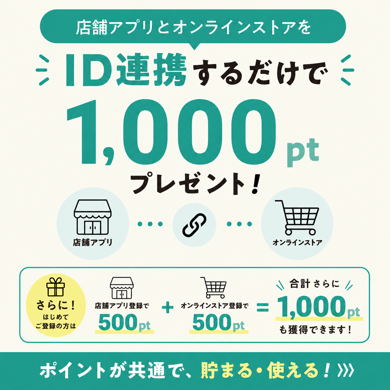店舗アプリとオンラインストアのID連携スタート！今なら1,000ポイントプレゼント！