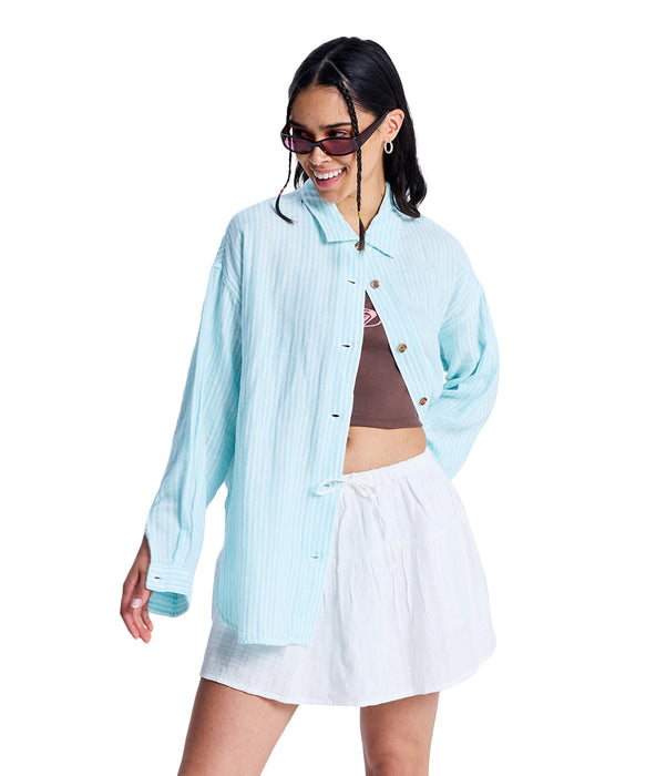 ROXY MORNING SHINE STRIPE コットン×リネン素材 長袖シャツ 【2026年