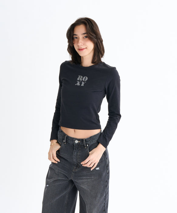 Roxy SPARKLY ウィメンズ タイトシルエット長袖Tシャツ ラインストーンロゴ <2025FW HEART WAVE>