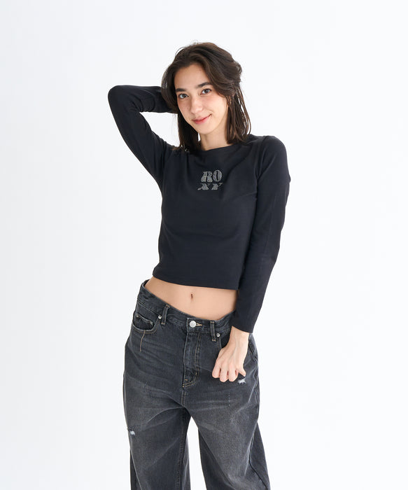 Roxy SPARKLY ウィメンズ タイトシルエット長袖Tシャツ ラインストーンロゴ <2025FW HEART WAVE>