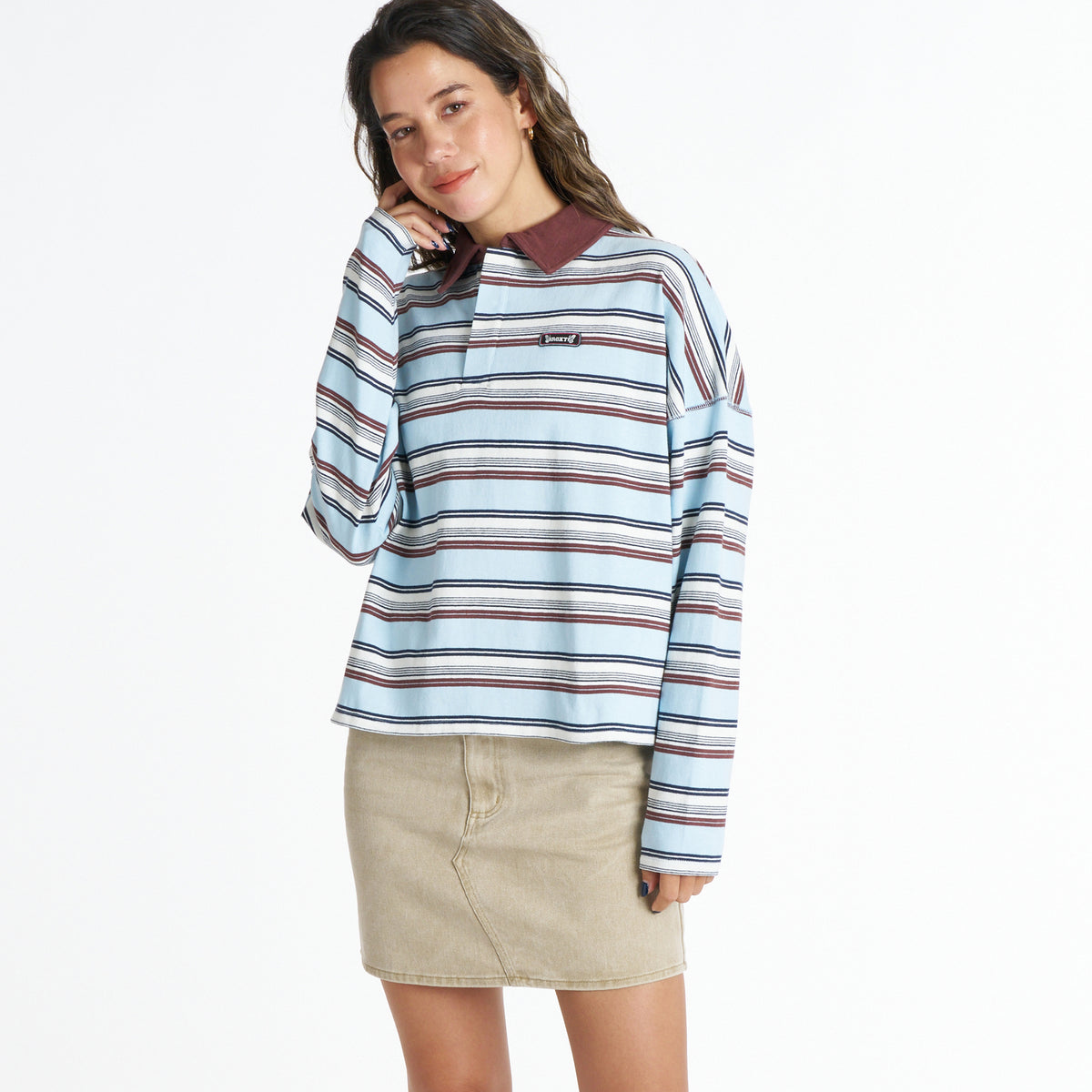 FLEX 長袖ポロシャツ パープル ホワイト ボーダー Mサイズ ROXY BUTTERFLY POLO バタフライロゴボーダー長袖ポロシャツ 【2026年