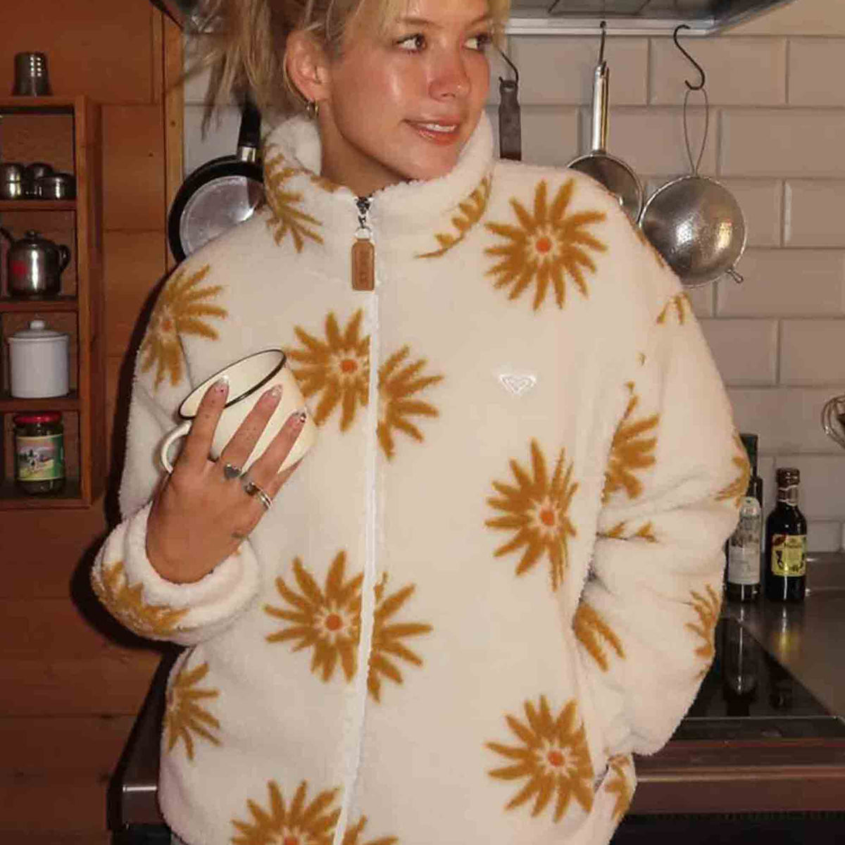 Roxy ALL DAY ウィメンズ フラワー柄 ボアジャケット 中綿 ダブルジップ