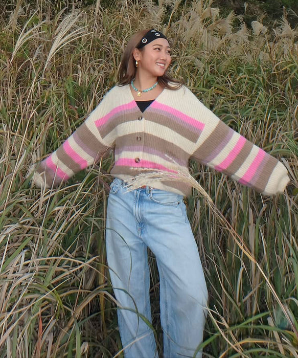【OUTLET】Roxy MARBLE TILES STRIPE ウィメンズ ボーダー カーディガン バルーンスリーブ<2025FW HEART WAVE>  <25FWグローバル展開アイテム>