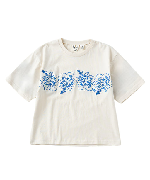 プリーツプリーズ ハイビスカス フリンジ 花柄 半袖 カットソー Tシャツ ROXY キッズ MINI BREAK LINE ハイビスカス柄刺繡Tシャツ 【2026年夏
