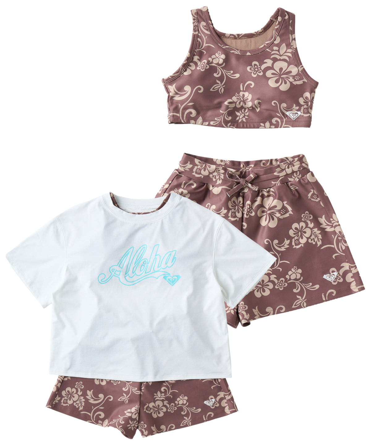 【RIOSA】ボディキュット3本♡ミニサイズ2本 ROXY キッズ MINI HIBISCUS COVE 水着ラッシュTシャツ3点セット/UV