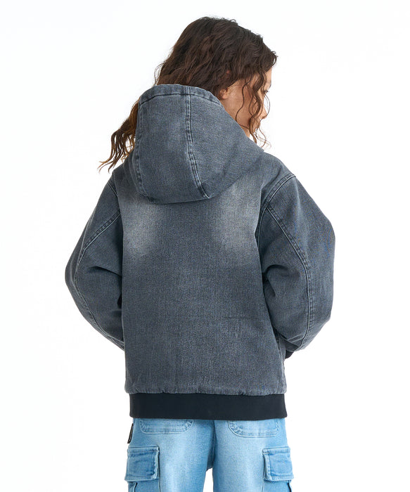 デニムフーディージャケット セール】Faux Fur Hooded Denim Jacket / フード付き フェイクファー