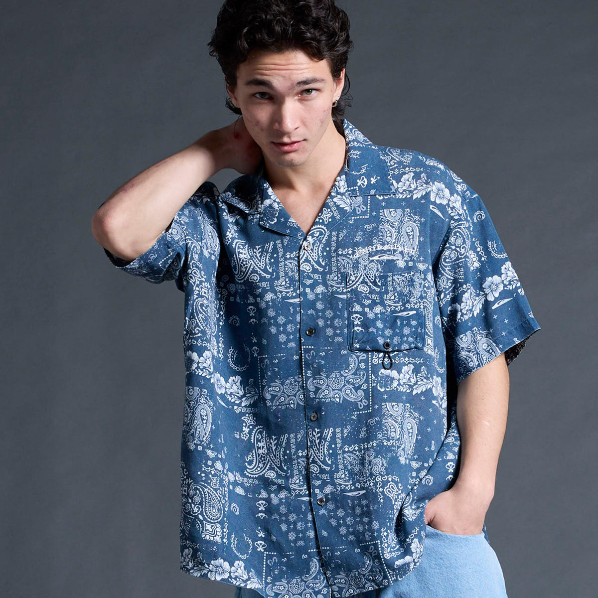 【名作】AD1998 フリル期　脱色迷彩半袖シャツ QUIKSILVER メンズ/ユニセックス MERCURY PAISLEY OPEN SHIRT 半袖